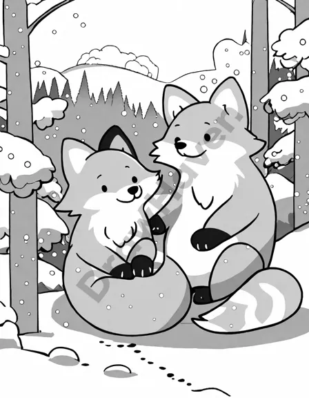 coloring book scene of two red foxes playing in a snowy landscape with falling snowflakes in black and white
