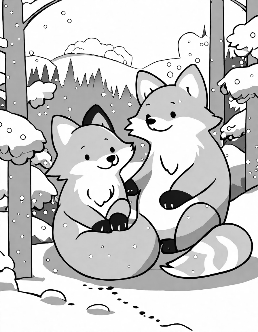 coloring book scene of two red foxes playing in a snowy landscape with falling snowflakes in black and white