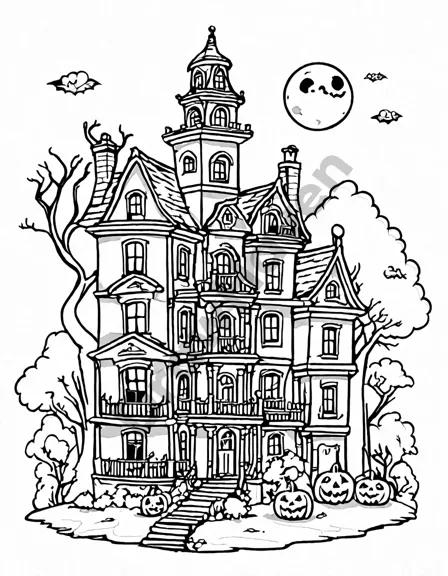coloring page of haunted mansion on a moonlit night with spectral figures in black and white