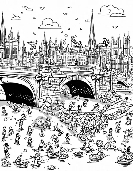 coloring page of london bridge falling with children and whimsical characters in a historical london backdrop in black and white