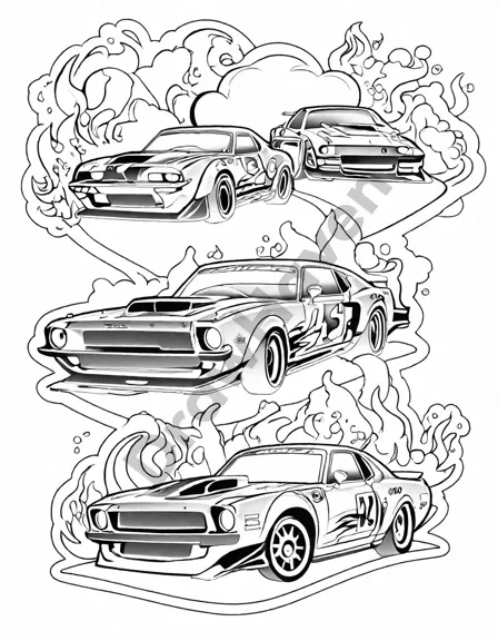 Coloring book image of drag race start with two cars, flames, and smoke, showcasing speed and competition in black and white