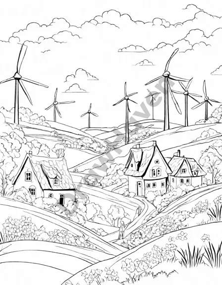 Coloring book image of tranquil countryside landscape with windmills, rolling hills, cottages, and a serene sky in pastel shades, inviting you to color and relax in black and white