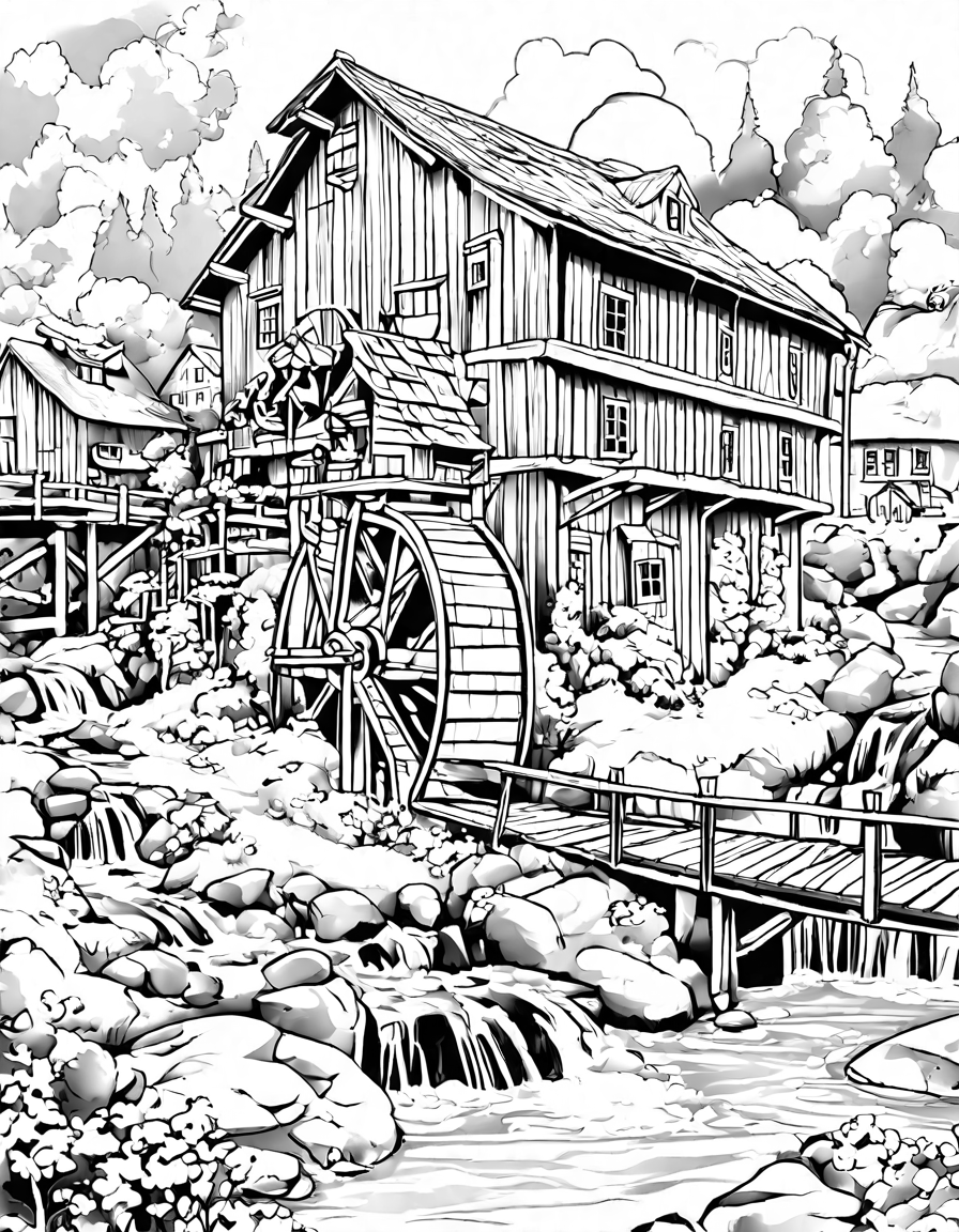 Coloring book image of charming old mill with intricate windows and water wheel by a gentle river in a picturesque countryside in black and white