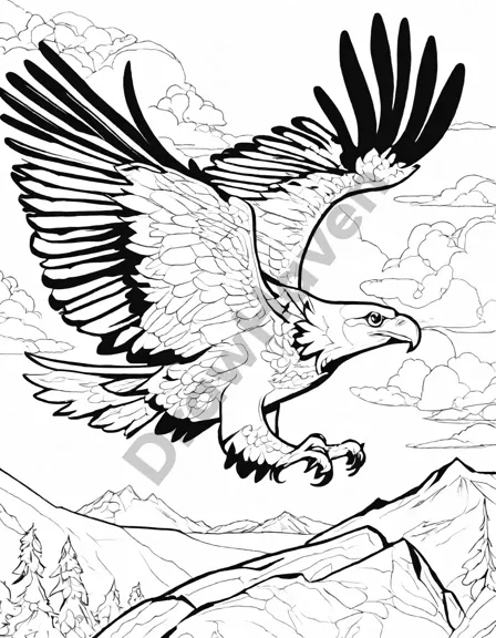 coloring book page featuring detailed eagles in mid-flight over a scenic landscape in black and white
