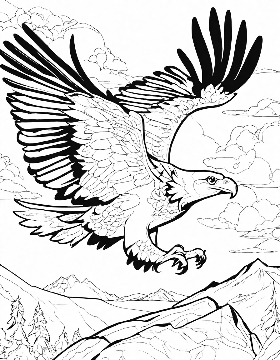 coloring book page featuring detailed eagles in mid-flight over a scenic landscape in black and white