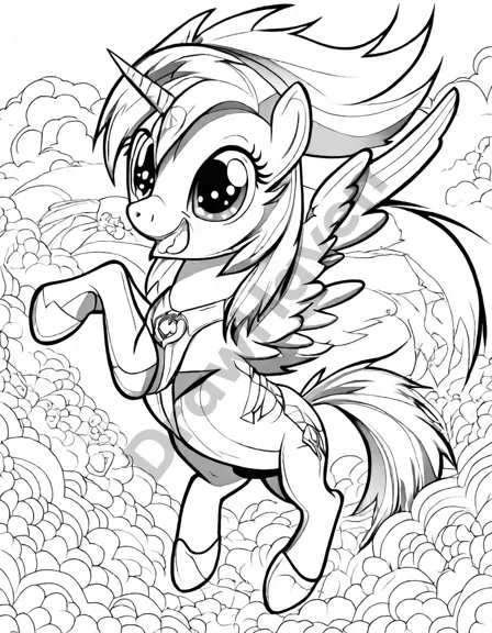 Coloring book image of rainbow dash, the speedy blue pony from sonic dash, flies mid-air with rainbow mane and tail streaming behind her in black and white