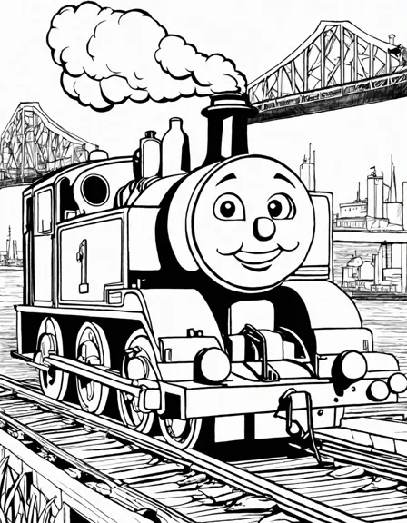 Coloring book image of diesel, from thomas the tank engine, chugs tirelessly at a bustling dock, transporting goods and keeping the dockyards running smoothly in black and white