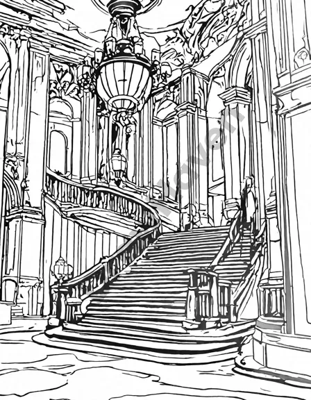 intricate coloring page depicting a haunting gothic opera house with a grand staircase, flickering chandeliers, and ethereal spirits in black and white