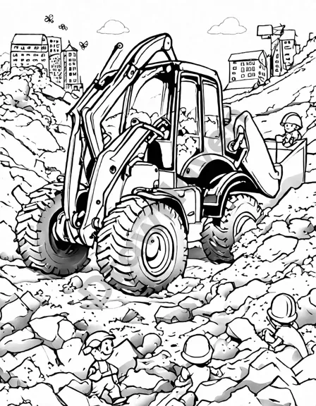 coloring book image of backhoe loader at work in a construction site with workers in black and white