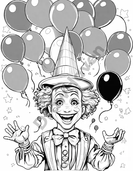 coloring page of a birthday clown's magic show with children and balloons in black and white