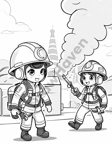 fire academy training drill coloring page featuring cadets with hoses and ladders amidst smoke in black and white