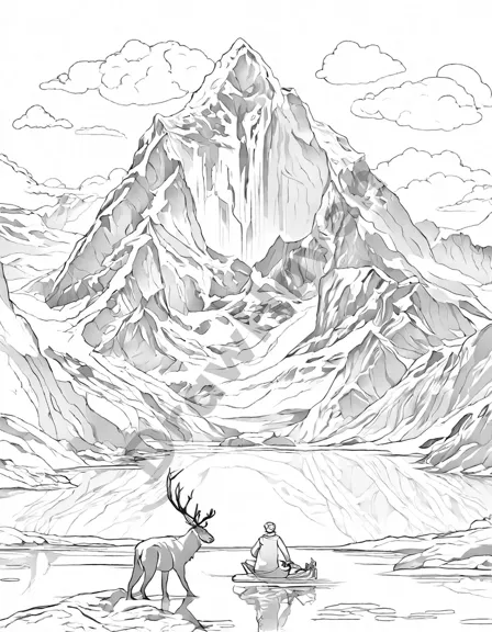 frozen lakes and mountains in intricate coloring book page in black and white