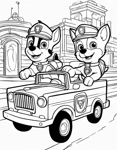 action-packed paw patrol coloring page featuring chase and marshall on a mystery-solving adventure in black and white