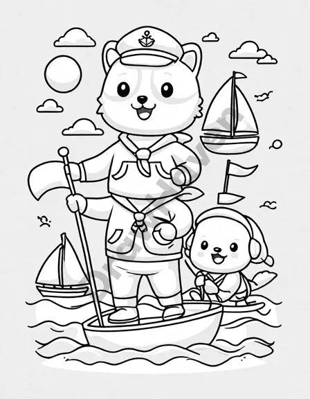 coloring page featuring sailors racing in yachts with vibrant sails on the ocean in black and white