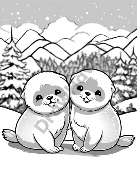 Coloring book image of two adorable seal pups tumbling in pristine snowy playground in black and white