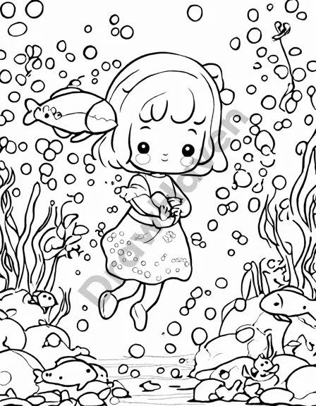 whale coloring book page with intricate underwater landscapes and bubbles for a meditative coloring experience in black and white