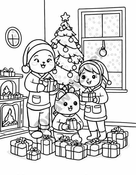 Coloring book image of children in pajamas unwrapping christmas gifts by a glittering tree in black and white