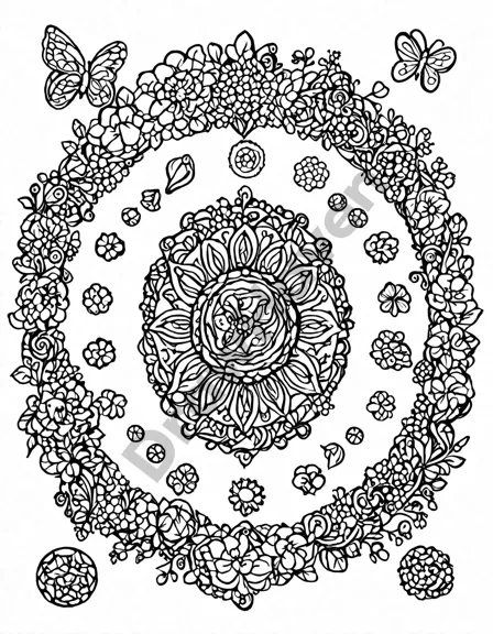 intricate mandala coloring page featuring a swirling vortex of petals, playful fairies, and whimsical creatures in an ethereal fairy garden in black and white