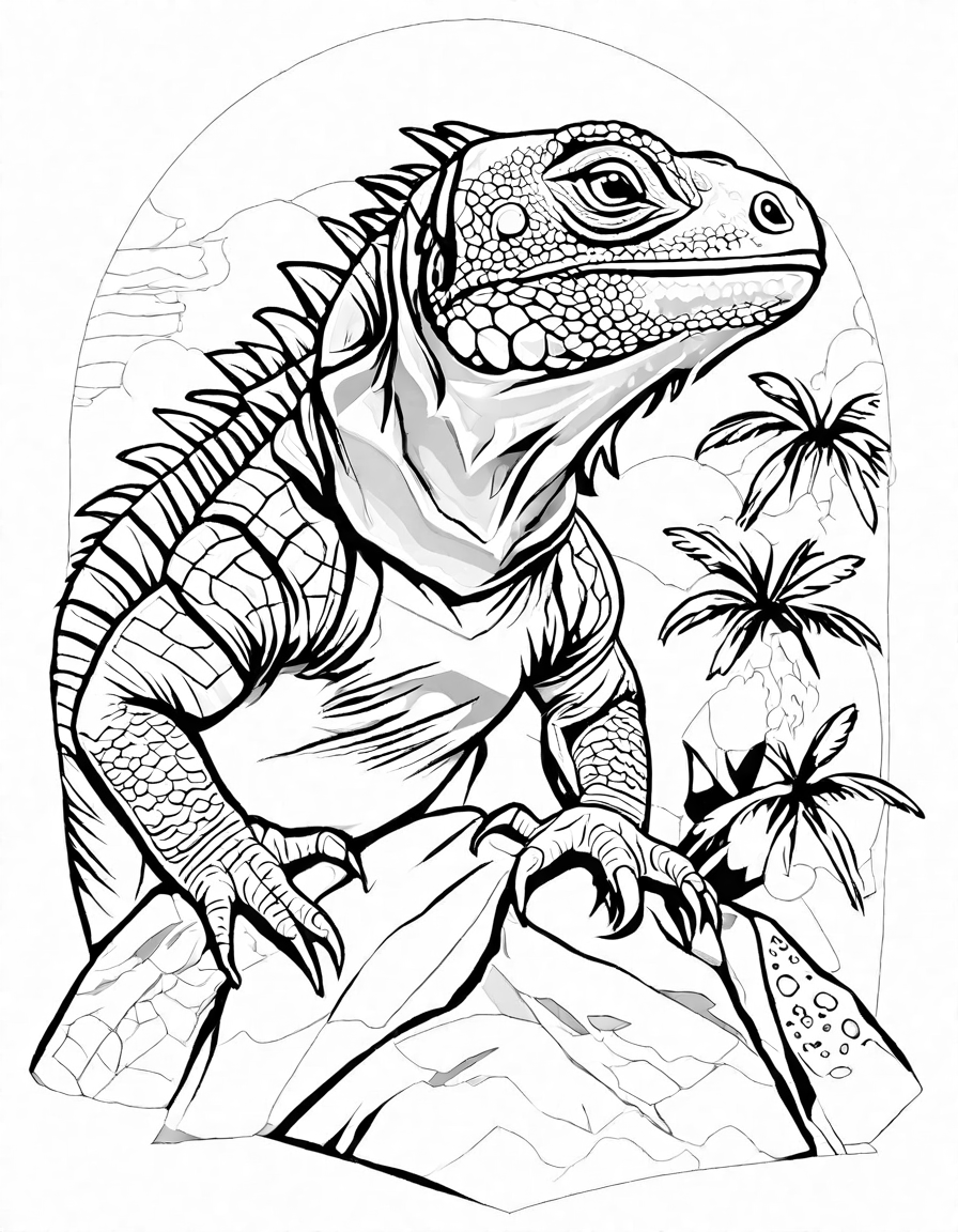 i is for iguana coloring page: sunbathing iguana on a rock in black and white