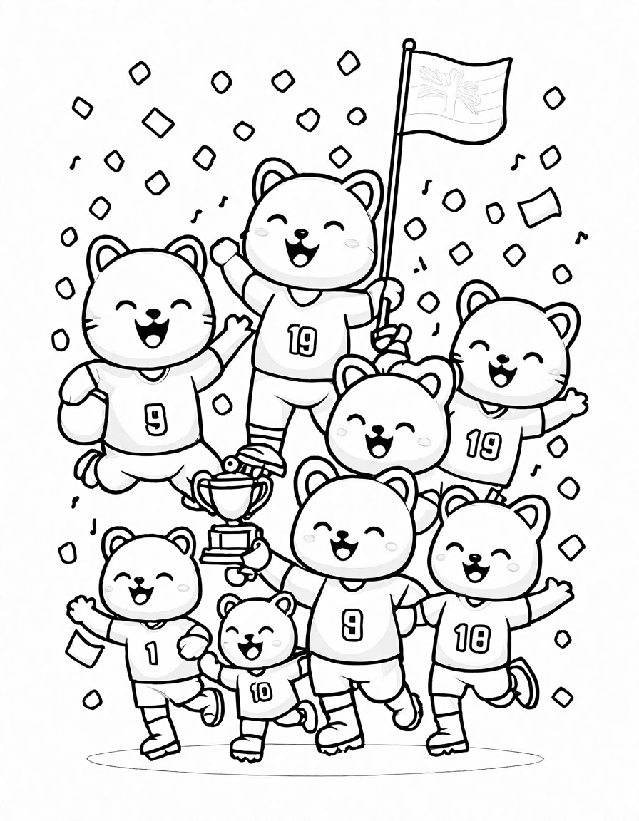 Coloring book image of soccer team celebrating with trophy on green pitch in packed stadium with fans and confetti in black and white