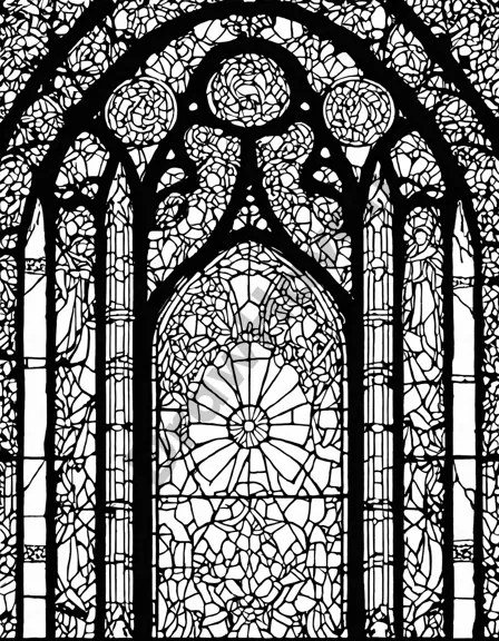 intricate stained glass windows coloring page with geometric designs in a grand cathedral, perfect for coloring enthusiasts and lovers of architectural artistry in black and white
