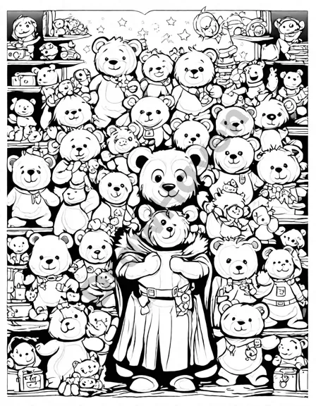 coloring page of a magical toy store with teddy bears in outfits and colorful trolls in black and white
