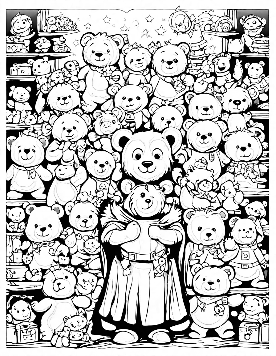 coloring page of a magical toy store with teddy bears in outfits and colorful trolls in black and white