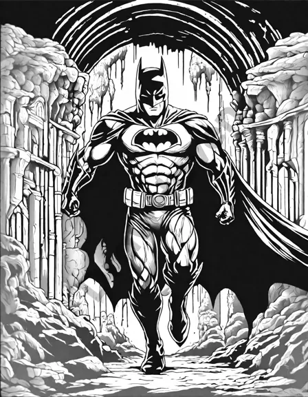 Coloring book image of batman's hidden batcave sanctuary, featuring computer systems and the batmobile in black and white