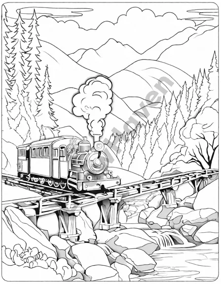 coloring page of a vintage steam train crossing a rustic bridge over a river in black and white