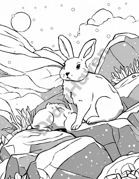 Coloring book image of arctic hare expertly camouflaged among rocky outcroppings in icy habitat in black and white