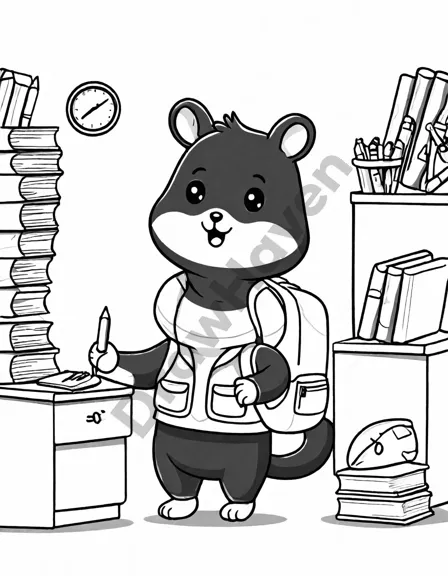 coloring book page featuring mr. whiskers the hamster's playful escape in a detailed classroom setting in black and white