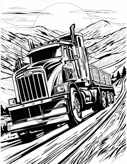 coloring book image of big rig trucks racing with vibrant graphics and scenery in black and white