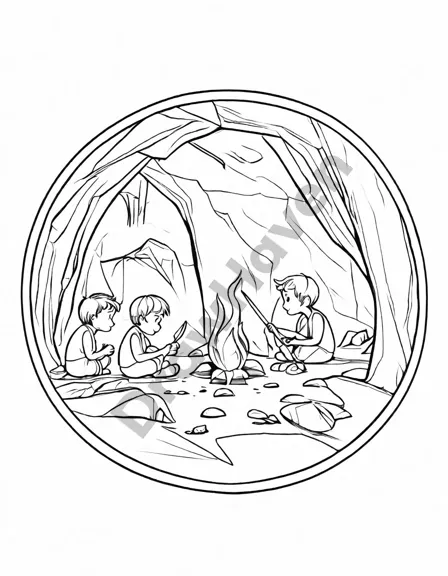 Coloring book image of prehistoric cave scene with cavemen hunting, creating tools, and caring for young, against a backdrop of vivid cave art and a warm campfire in black and white