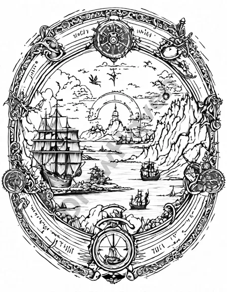 intricate coloring page featuring a weathered map leading to the lost treasure of captain blackbeard in black and white