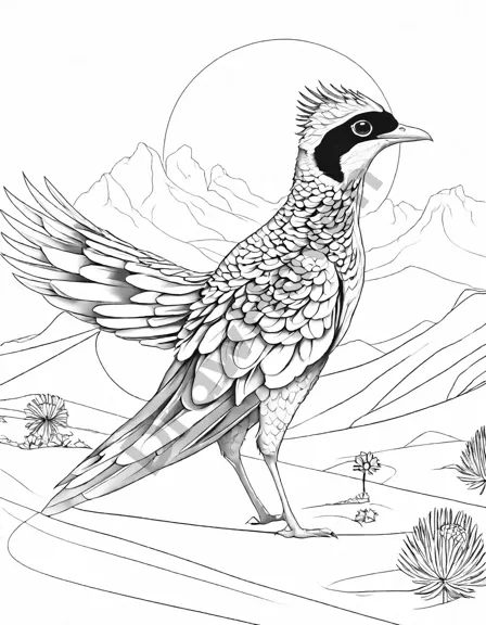 enchanting coloring page of desert birds dancing amidst ethereal desert sunset hues, showcasing intricate wing patterns in black and white