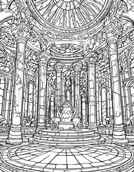 coloring page of a majestic throne room in a castle with detailed pillars, tapestries, and armor in black and white