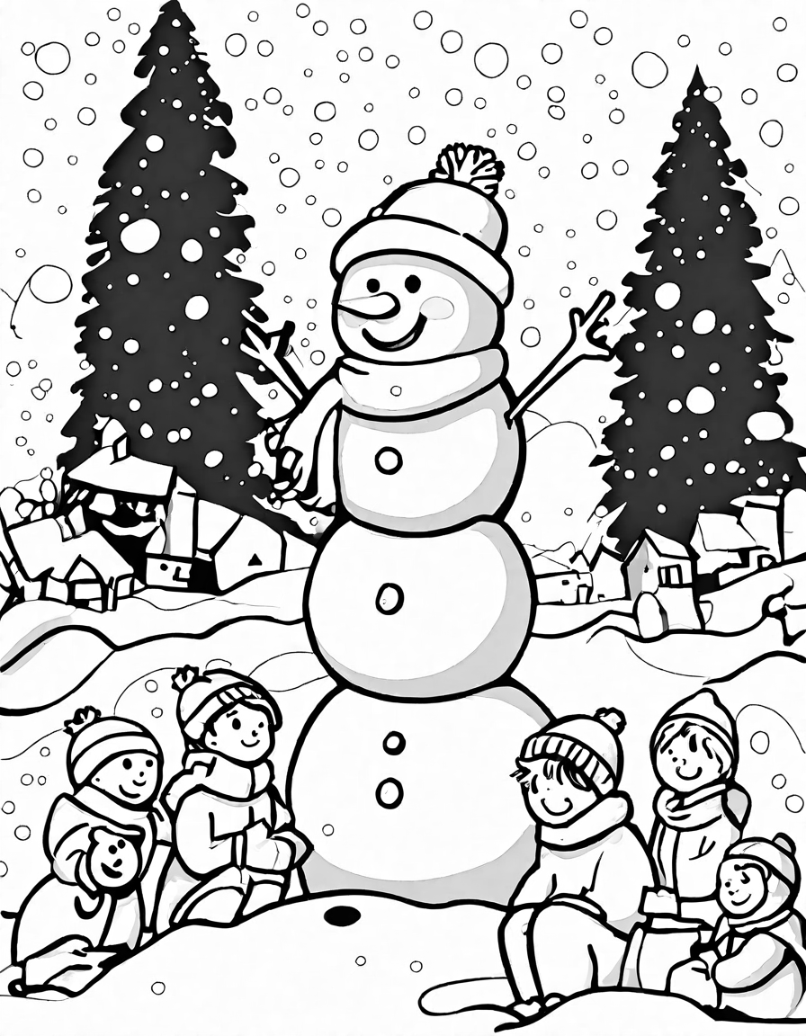 Coloring book image of jolly snowman in winter wonderland with children building snowmen, surrounded by snow-covered trees in black and white