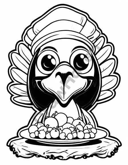coloring book image of a turkey escaping thanksgiving prep in a kitchen, dodging cookware and vegetables in black and white