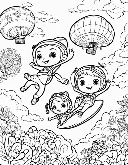 Coloring book image of cocomelon characters jj, cody, and nina gleefully soar through a colorful rainbow in black and white