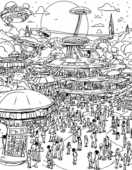 Coloring book image of colorful scene at intergalactic science fair with aliens and futuristic inventions in black and white