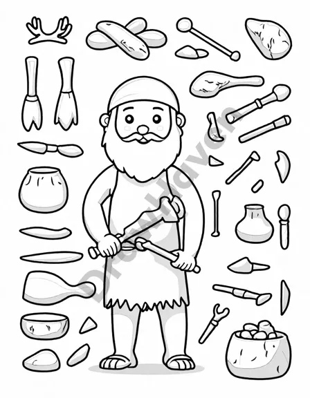 Coloring book image of prehistoric cavemen crafting essential tools from stone, bone, and antler in black and white