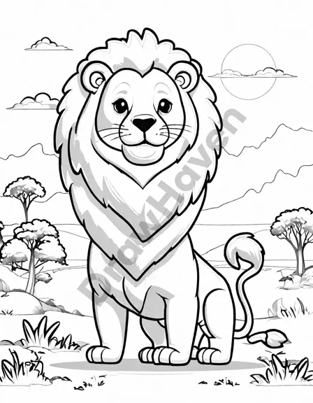 lion family at sunrise in the african savannah coloring book image in black and white