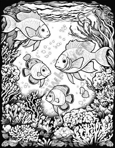 coral reefs coloring page featuring exotic fish, plants, and hidden treasures underwater in black and white