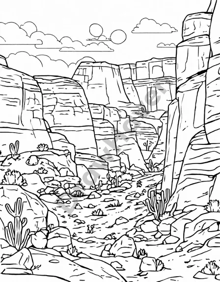 coloring page featuring ancient native american petroglyphs etched on rocky walls, depicting spiritual beliefs and clan history in black and white