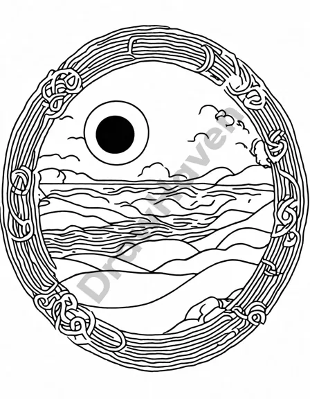 Coloring book image of zen circle pattern on a serene beach at dawn, inviting meditation and mindfulness through intricate design and soothing colors in black and white