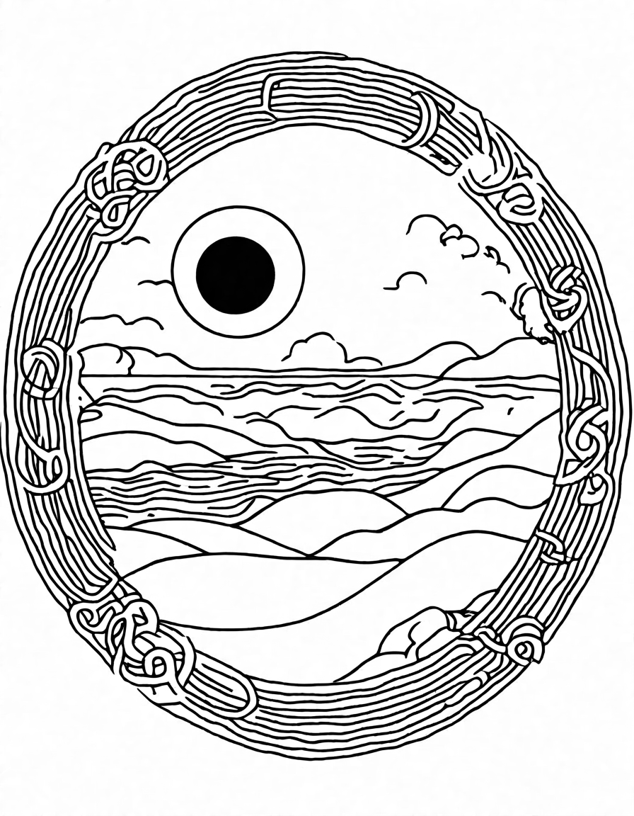 Coloring book image of zen circle pattern on a serene beach at dawn, inviting meditation and mindfulness through intricate design and soothing colors in black and white