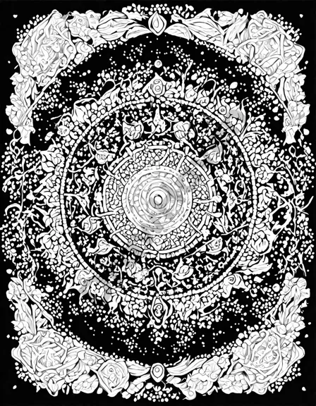 Coloring book image of intricate eternal harmony mandala design symbolizing peace and balance in black and white