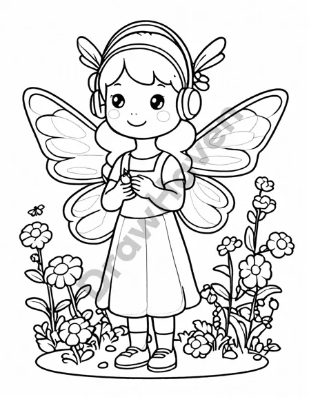 Coloring book image of fairy tending her colorful garden in the enchanted forest, with vibrant flowers and sparkling dewdrops in black and white