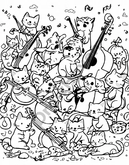 mesmerizing coloring page showcasing a symphony of animals playing enchanting instruments, featuring a lively tiger on the trumpet and a graceful giraffe on the violin in black and white