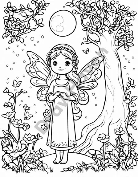 coloring page of enchanted blossoms under the stars with fairies, magical flowers, and the moon in black and white